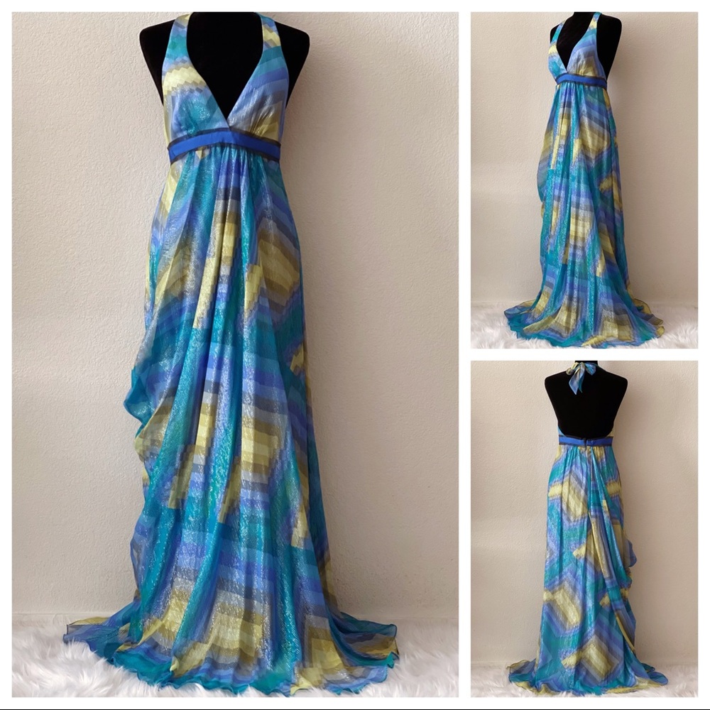 Silk NWOT BCBGMaxAzria Blue and Green halter Maxi Dress - Picture 5 of 12